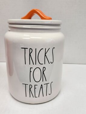 Rae Dunn Tricks for Treats Canister Orange 9" Artisan Collection Magenta White